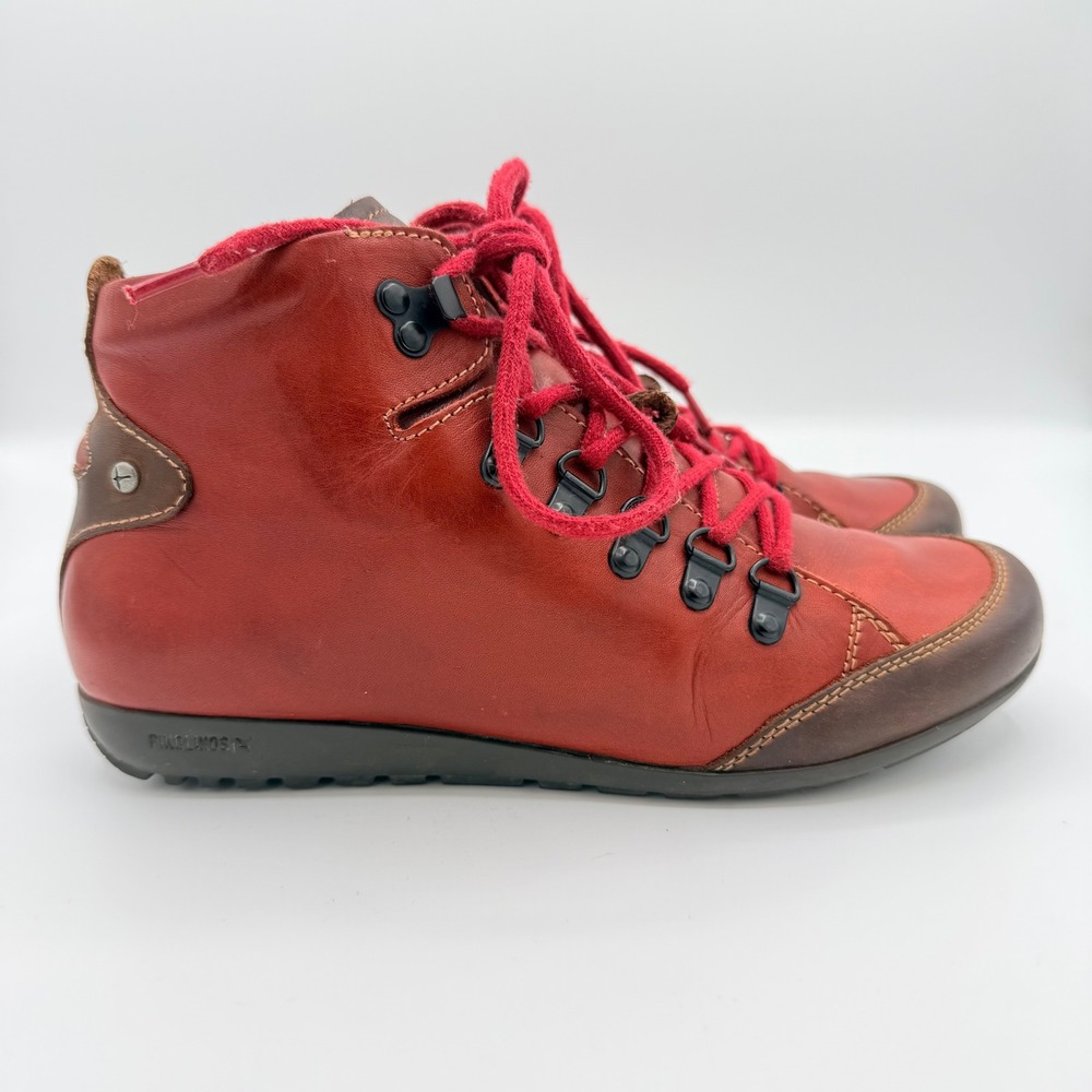 Pikolinos Red Leather Lace Up Ankle Boots EU 38 Hiking Walking Shoes